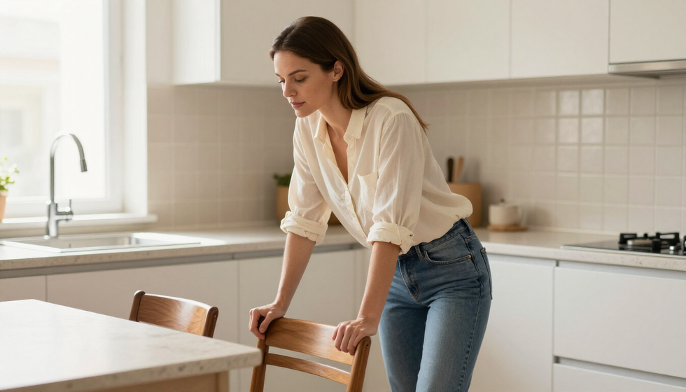 Una donna sistema una sedia di legno in una luminosa cucina moderna.