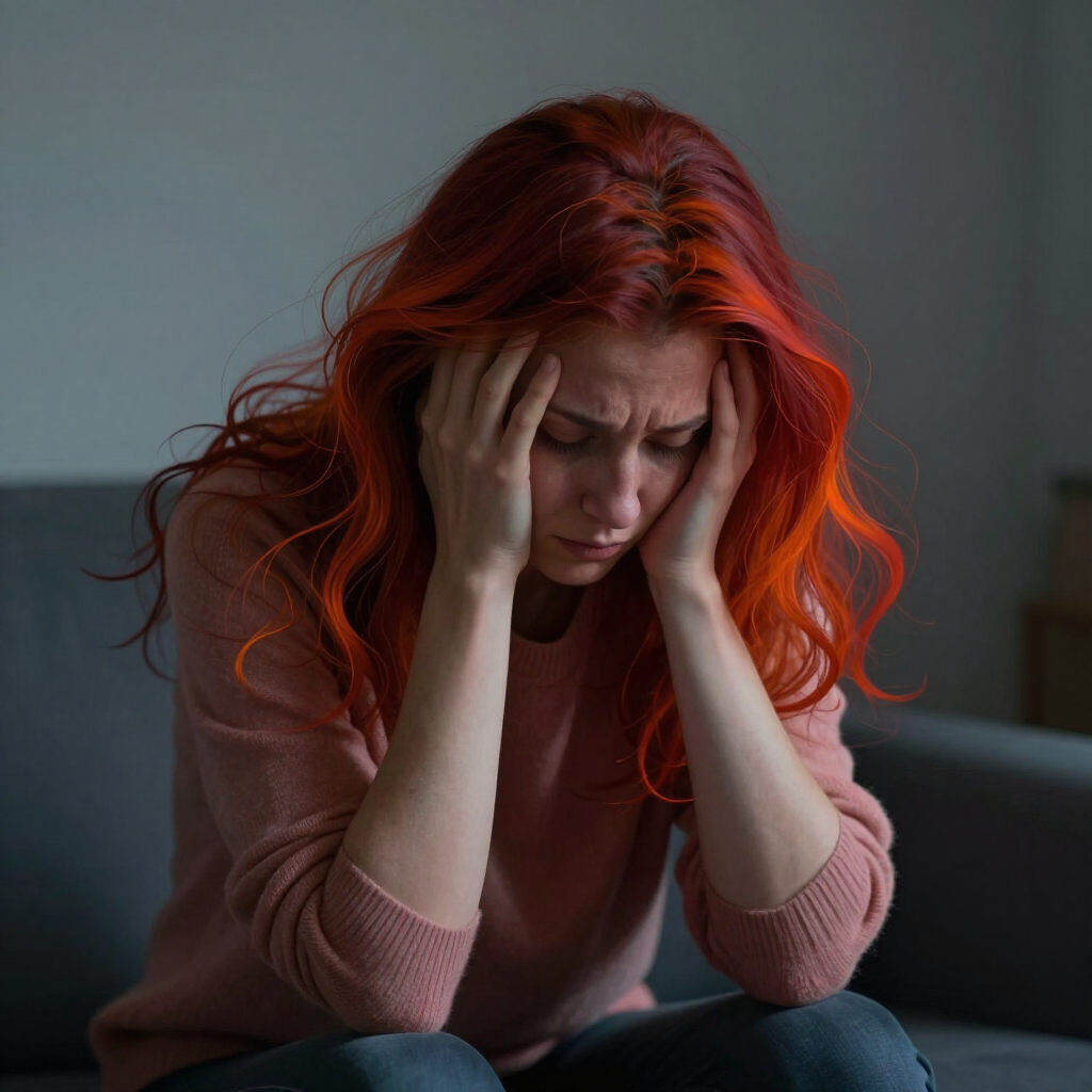 Una donna dai capelli rossi è seduta su un divano, con le mani sulla testa, in una stanza poco illuminata.