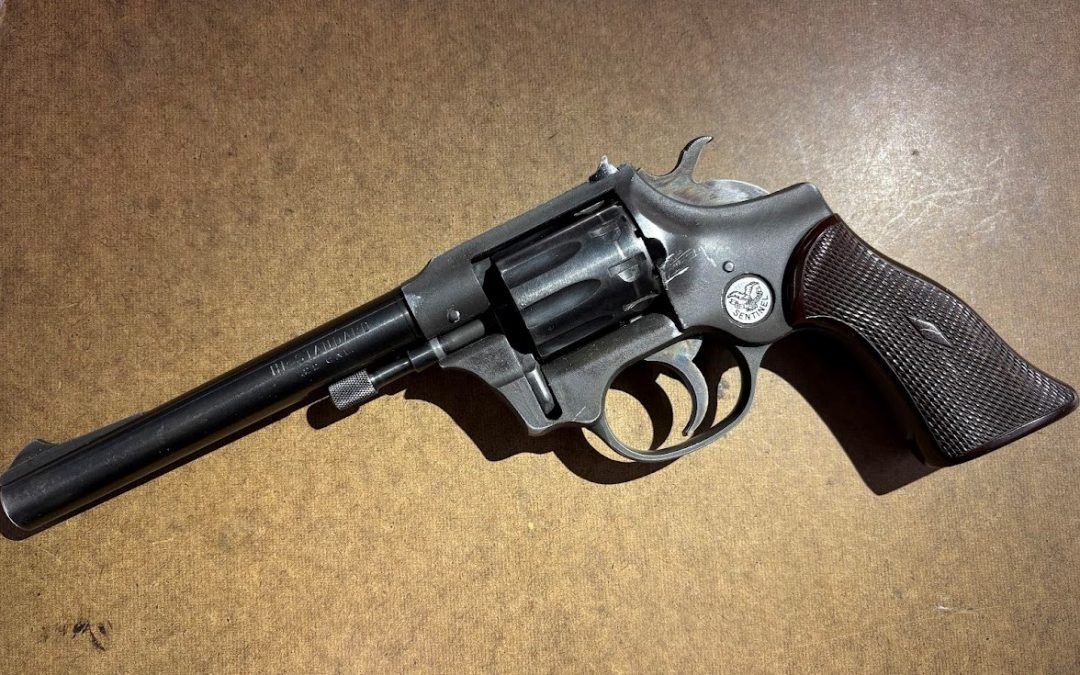 Black revolver with long barrel and wooden grip lying on a wooden surface