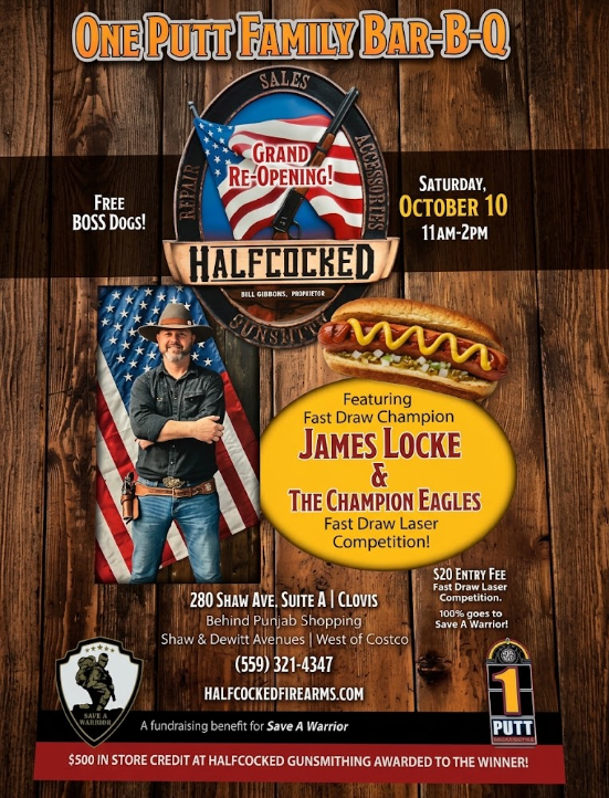One Putt Family Bar-B-Q flyer with cowboy branding, Saturday Oct. 10, food, and James Locke featured.