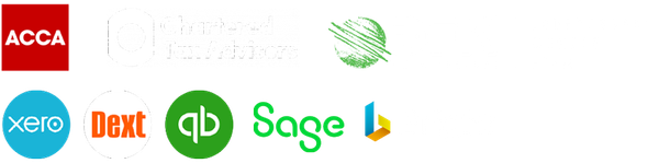 Logos for ACCA, Chartered Tax Advisors, DFK International, xero, dext, quick books, sage and bright pay