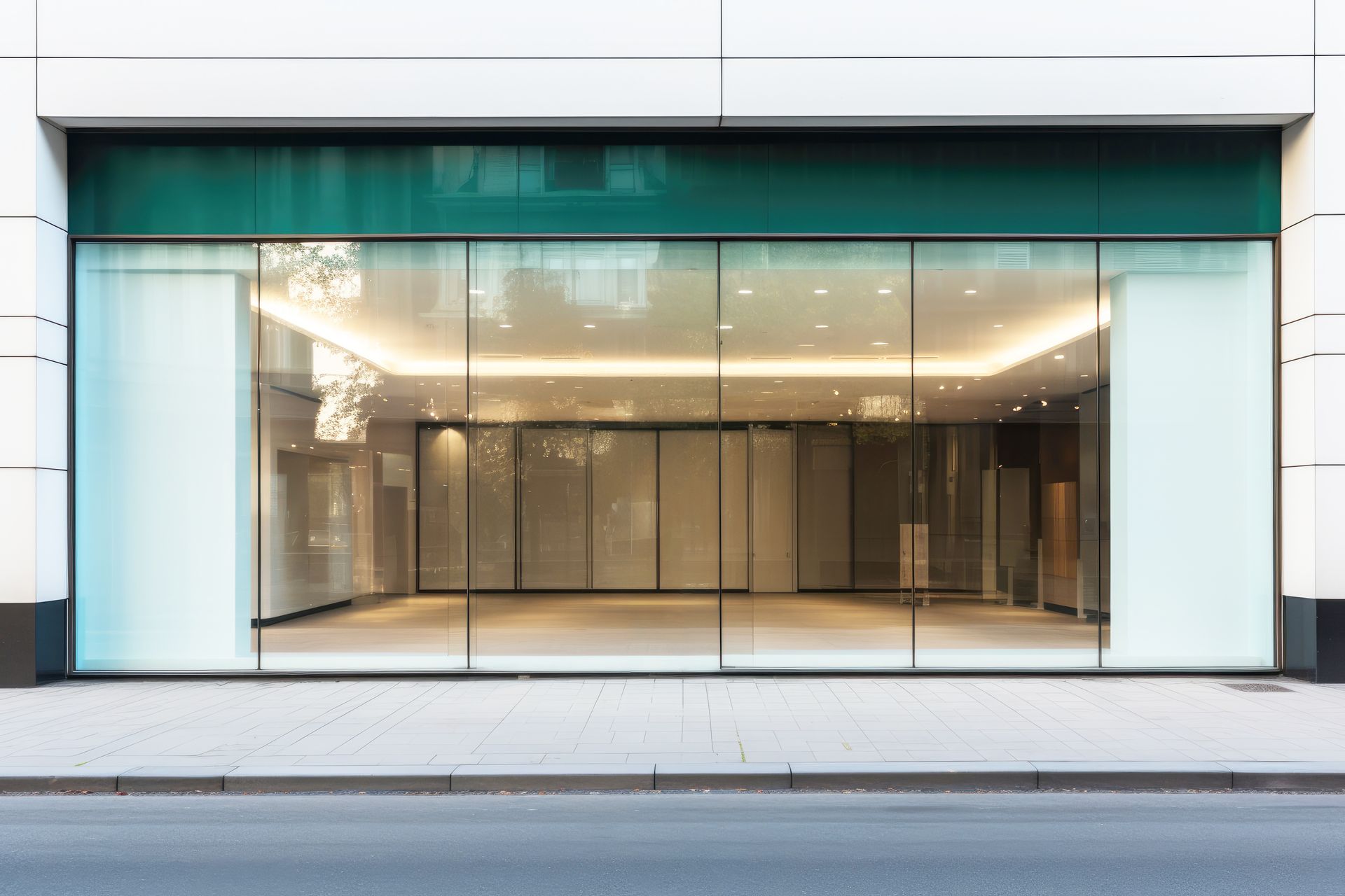 An empty store front of a building with a large glass window.