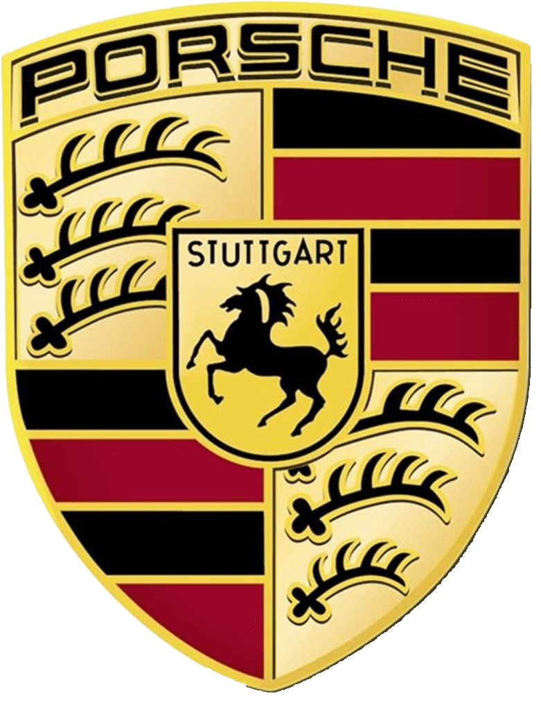 Porsche emblem with gold, black, and red details, including a rearing horse and the name