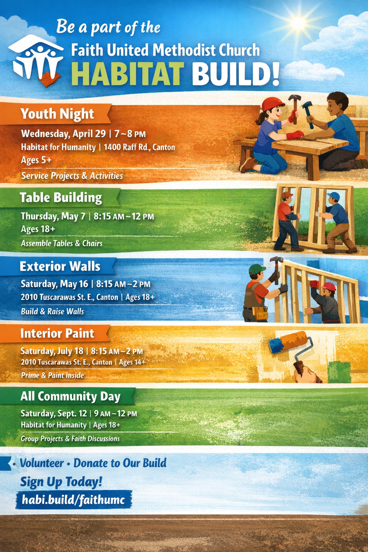 Habitat Builds youth event flyer with volunteers building homes in colorful section panels
