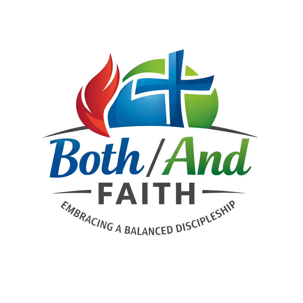 Logo: Blue cross on green globe, red flame,