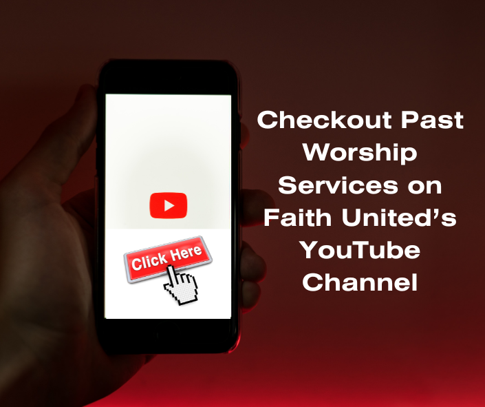 A person is holding a cell phone that says checkout past worship services on faith united 's youtube channel
