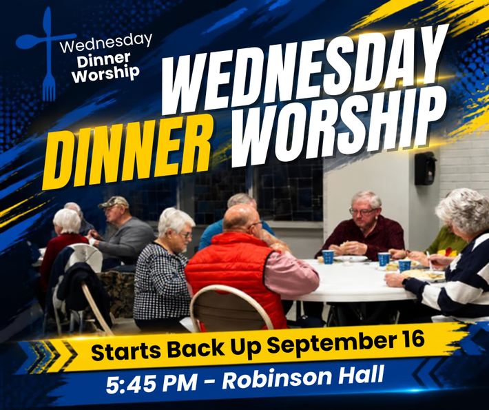Wednesday Dinner Worship flyer with people eating at tables, starting September 16 at 5:45 PM in Robinson Hall