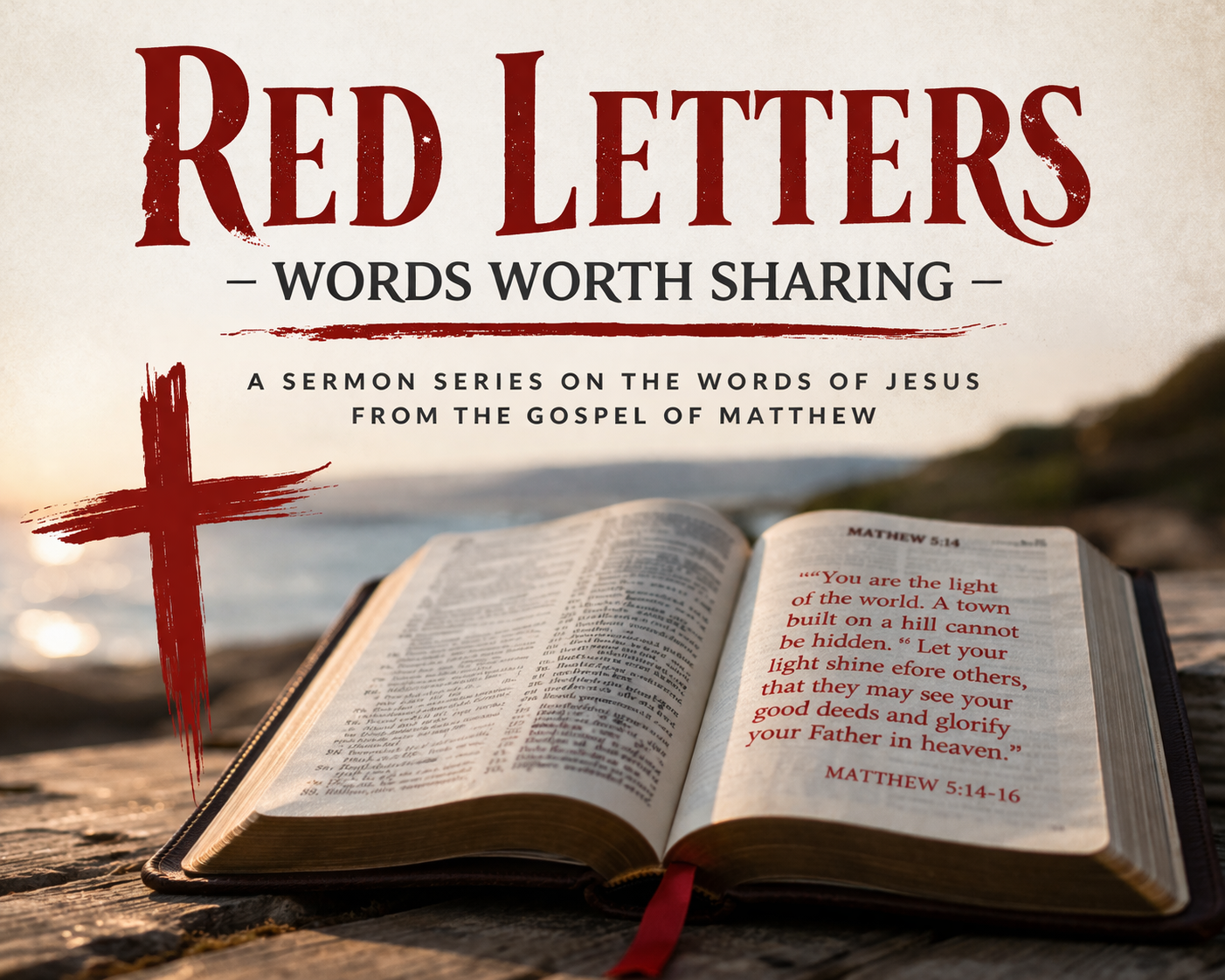 An open Bible with red text on a shore, featuring the title Red Letters and a red cross graphic.