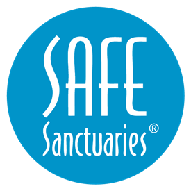 A blue safe sanctuaries logo on a white background