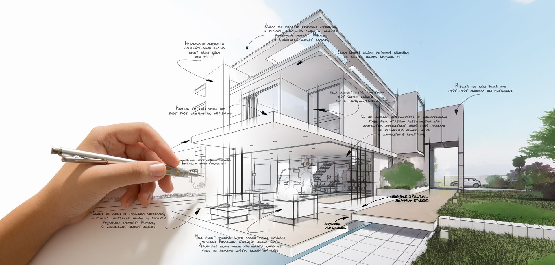 Hand drawing annotated plans of a modern two-storey home for drafting services.