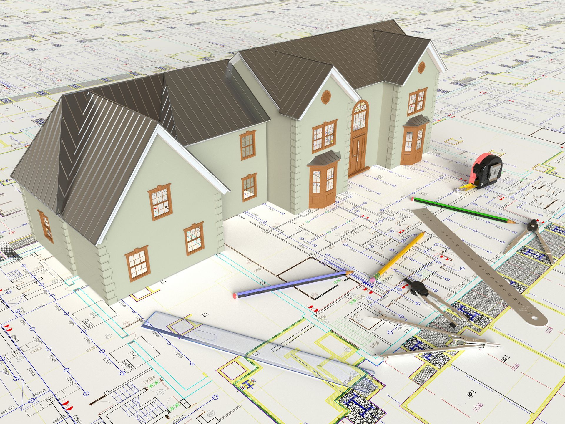 House layout with architectural blueprints showcasing professional design and drafting work.