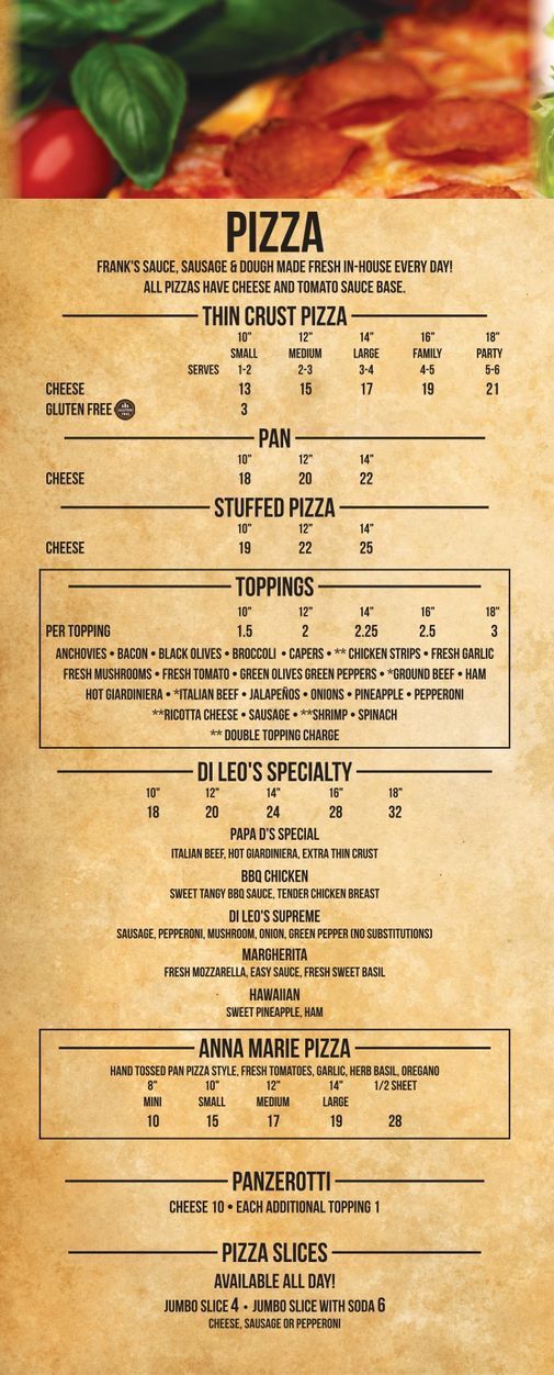 A menu for a pizza restaurant with a picture of pizza on it