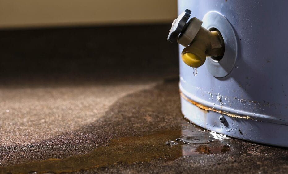 Water heater leaking water onto the floor, near a metal valve.
