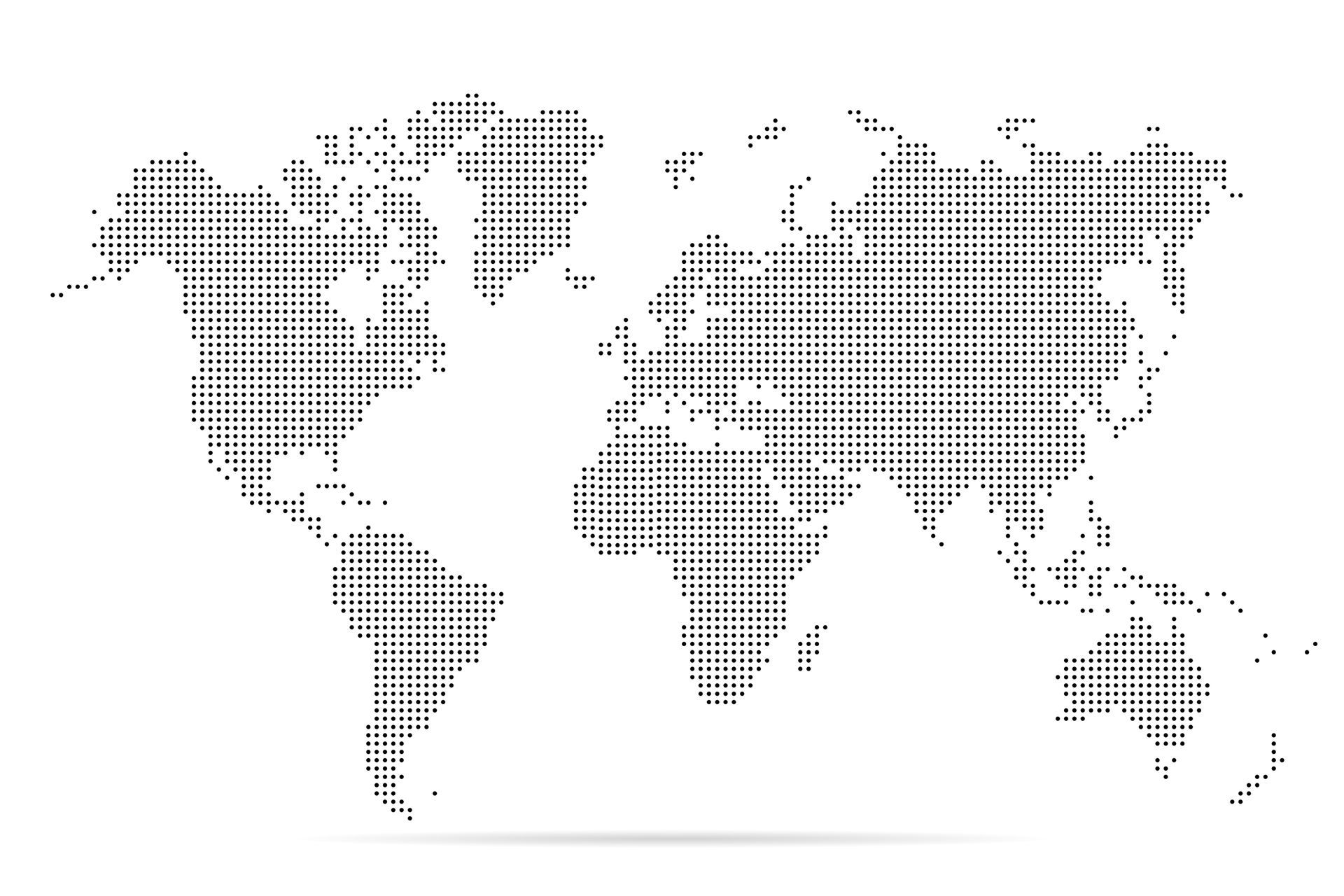 World map composed of a grid of black dots on a white background.