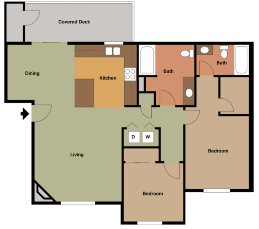 Floor plan of a house showing living, dining, kitchen, bath, bedroom, laundry, and covered deck.
