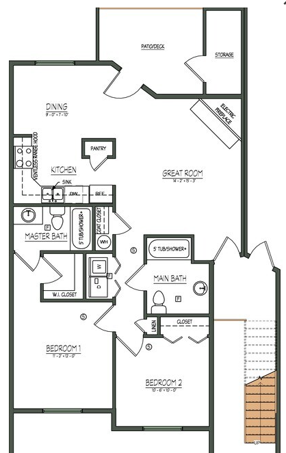 Black-and-white floor plan of a house showing labeled rooms, hallways, closets, and a stairway.