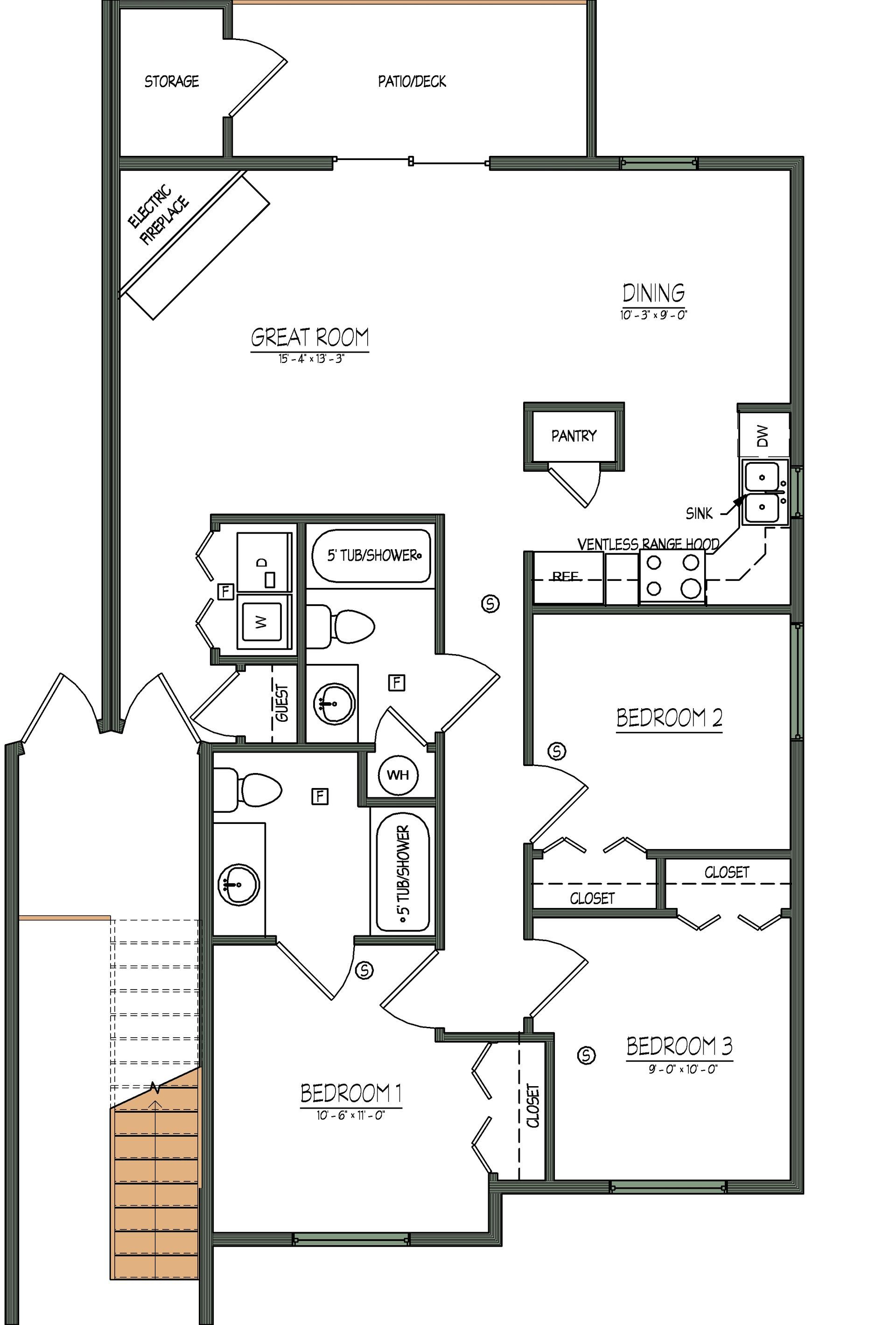 Black-and-white house floor plan with labeled rooms and stairs.