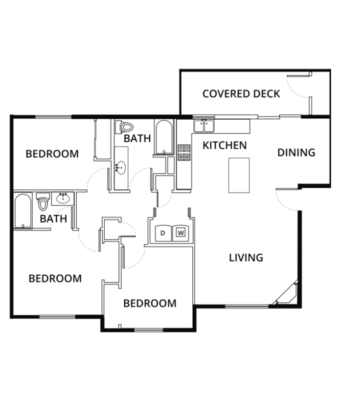 Black-and-white floor plan of a home with three bedrooms, two baths, kitchen, dining, living room, and covered deck