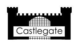 Castlegate logo with black castle silhouette and white sign text over a grid arch