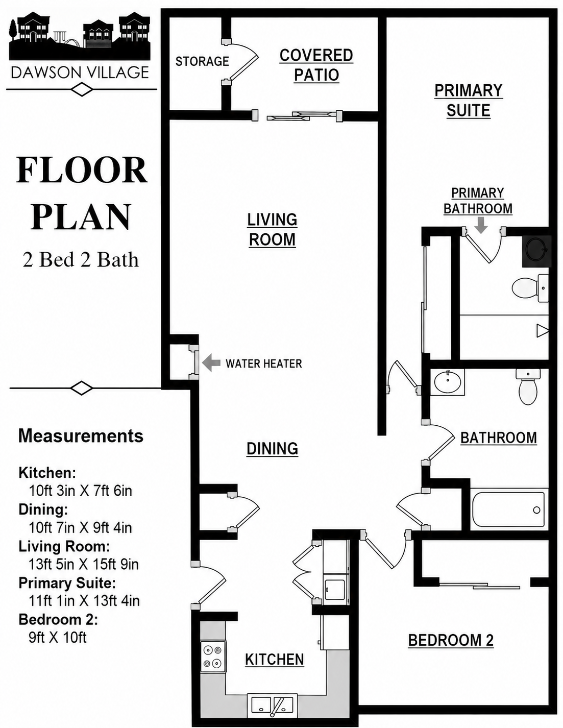 Black-and-white 2 bed, 2 bath apartment floor plan with labeled rooms and measurements