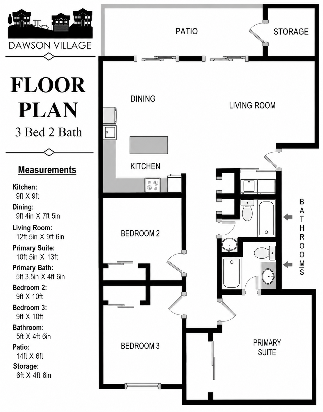 Floor plan of a 3-bedroom, 2-bath house with kitchen, living room, dining room, and master suite.