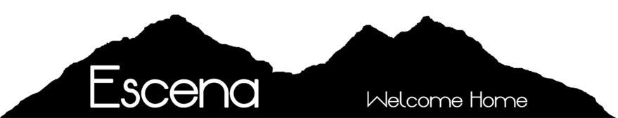 Escena logo with black mountain silhouette and the words “Welcome Home” on a white background