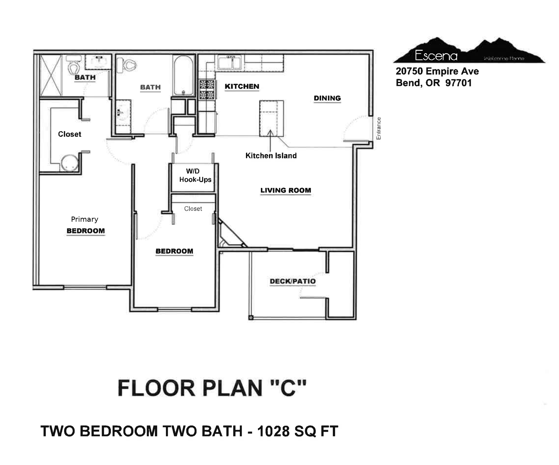 Black-and-white floor plan labeled “Floor Plan C” for a two-bedroom, two-bath 1028 sq ft apartment