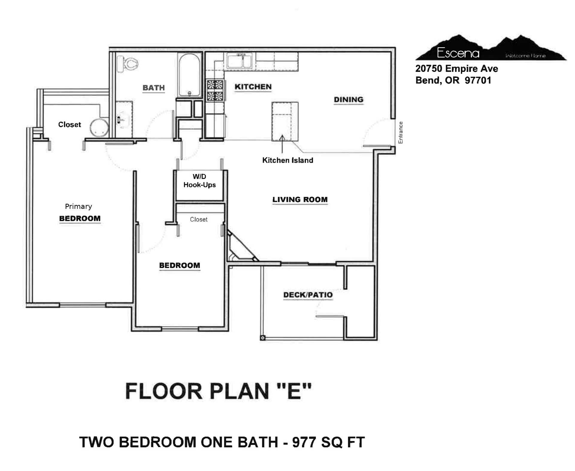 Floor plan “E” of a two-bedroom, one-bath apartment, 977 sq ft, with labeled rooms.