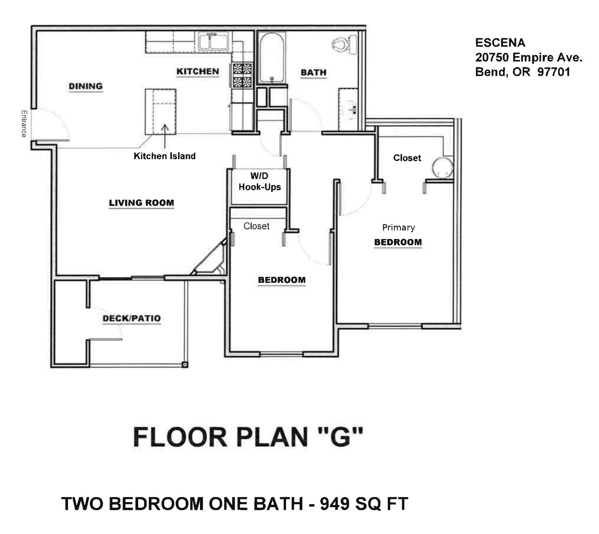 Black-and-white floor plan for a two-bedroom, one-bath apartment, 949 sq ft.