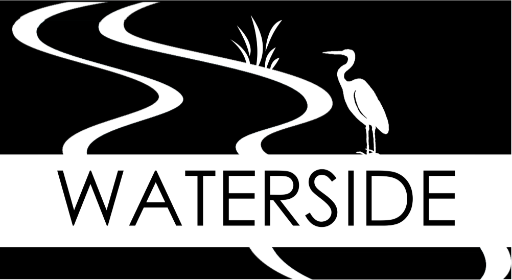 WATERSIDE logo with white winding river lines and a heron on a black background