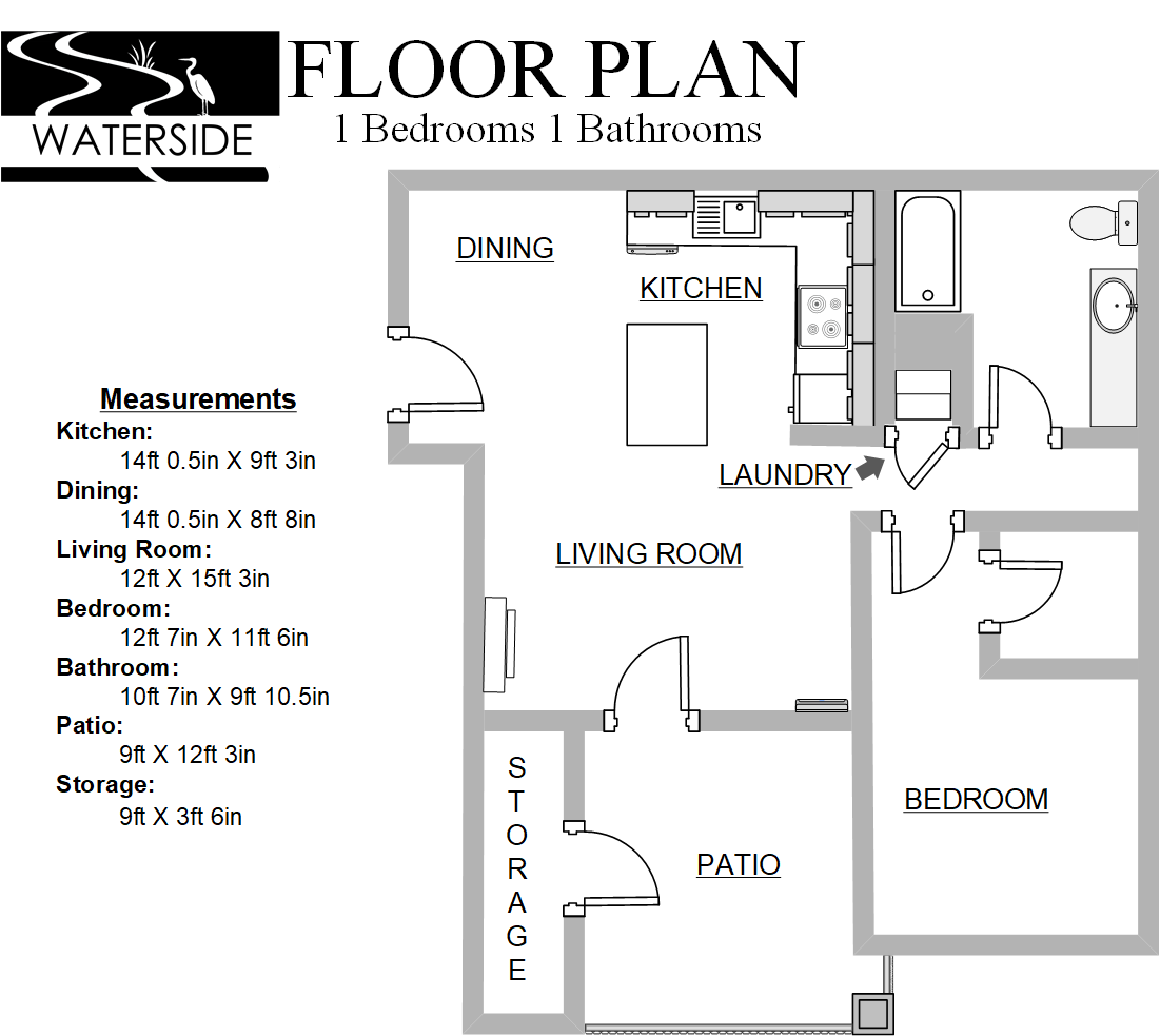 Floor plan of a 1-bedroom, 1-bathroom apartment with kitchen, dining, living room, laundry, and patio.