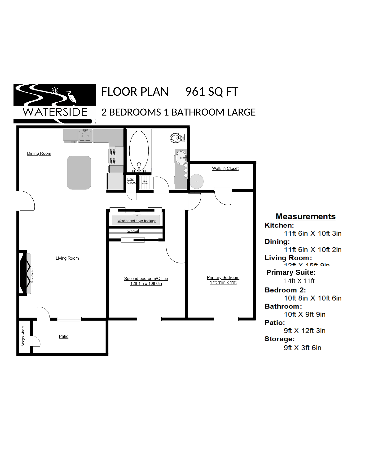 Black-and-white floor plan of a 2-bedroom apartment with room labels and measurements