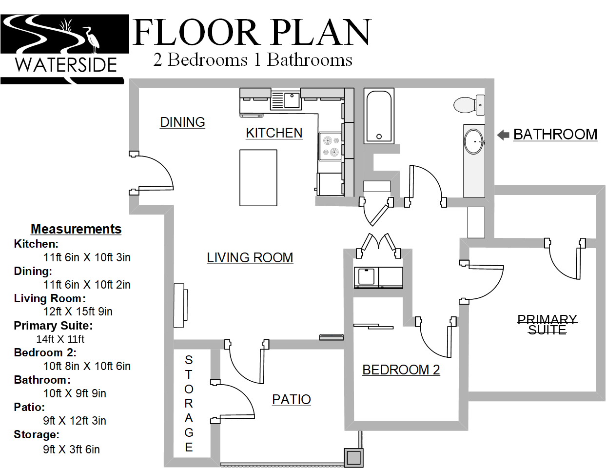 Two-bedroom, one-bath apartment floor plan with living room, kitchen, dining area, patio, storage, and closets.