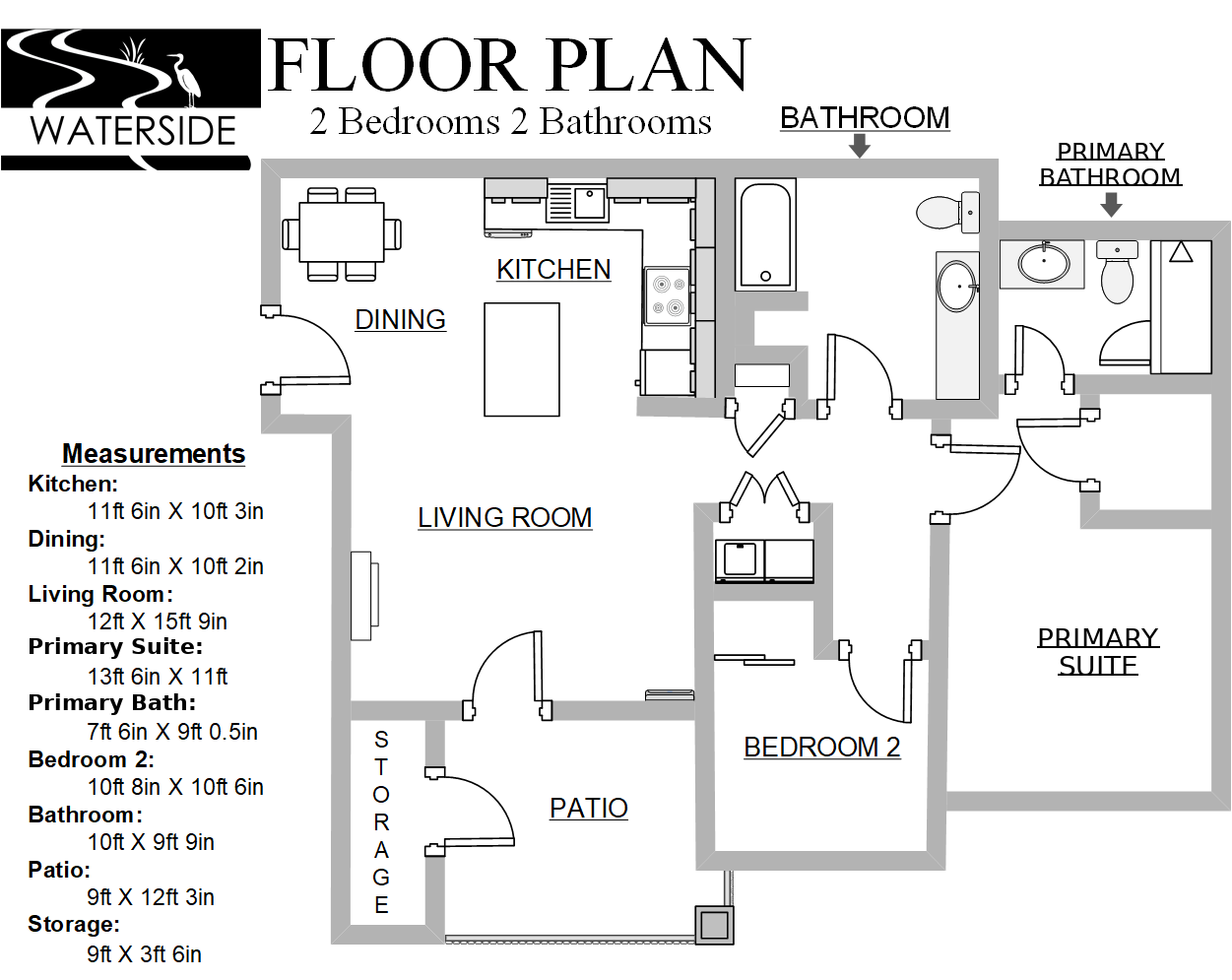 Floor plan of a 2-bedroom, 2-bath apartment with kitchen, living room, dining room, terrace, and hallway