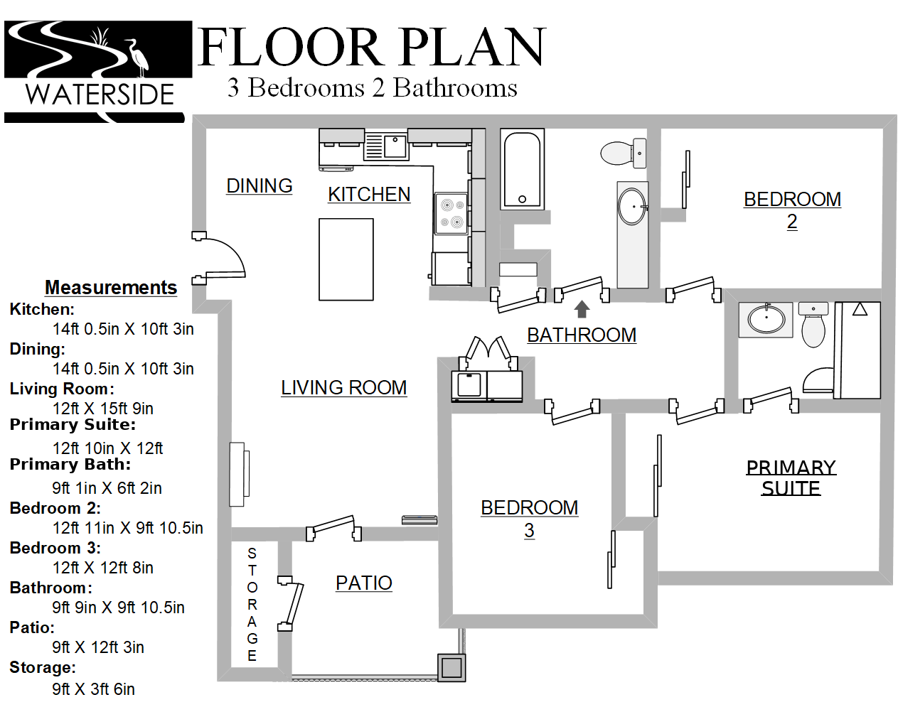 Floor plan of a 3-bedroom, 2-bathroom apartment with labeled rooms and measurements.