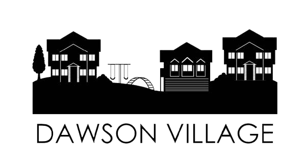 Dawson Village logo with black silhouettes of houses and a hill on a white background