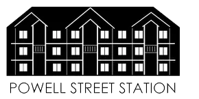 Powell Street Station logo with a black stylized building and white text