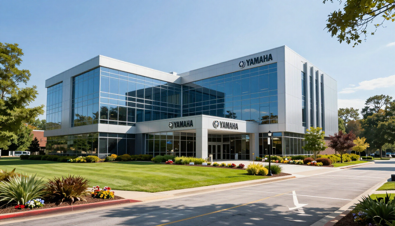 A modern glass-fronted Yamaha corporate office building set amidst landscaped lawns and greenery on a sunny day.