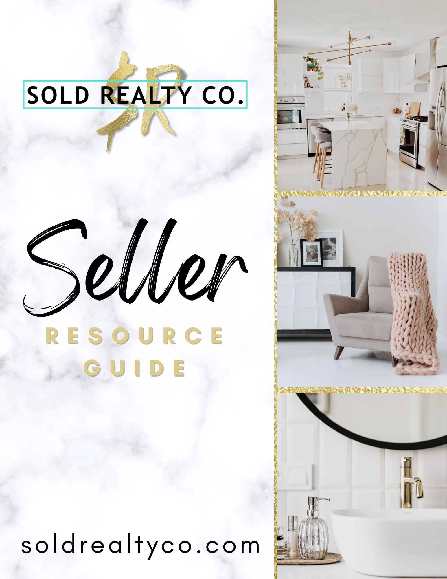 Seller Resource Guide for Sold Realty Co. on marble background, with photos of modern home interiors.
