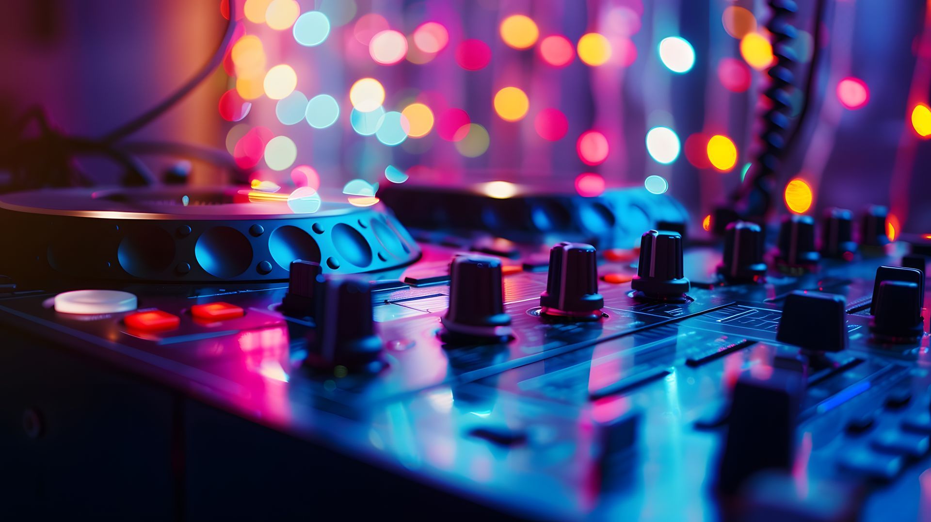 Close-up of a DJ mixing console with glowing pink and blue lights in a nightclub setting