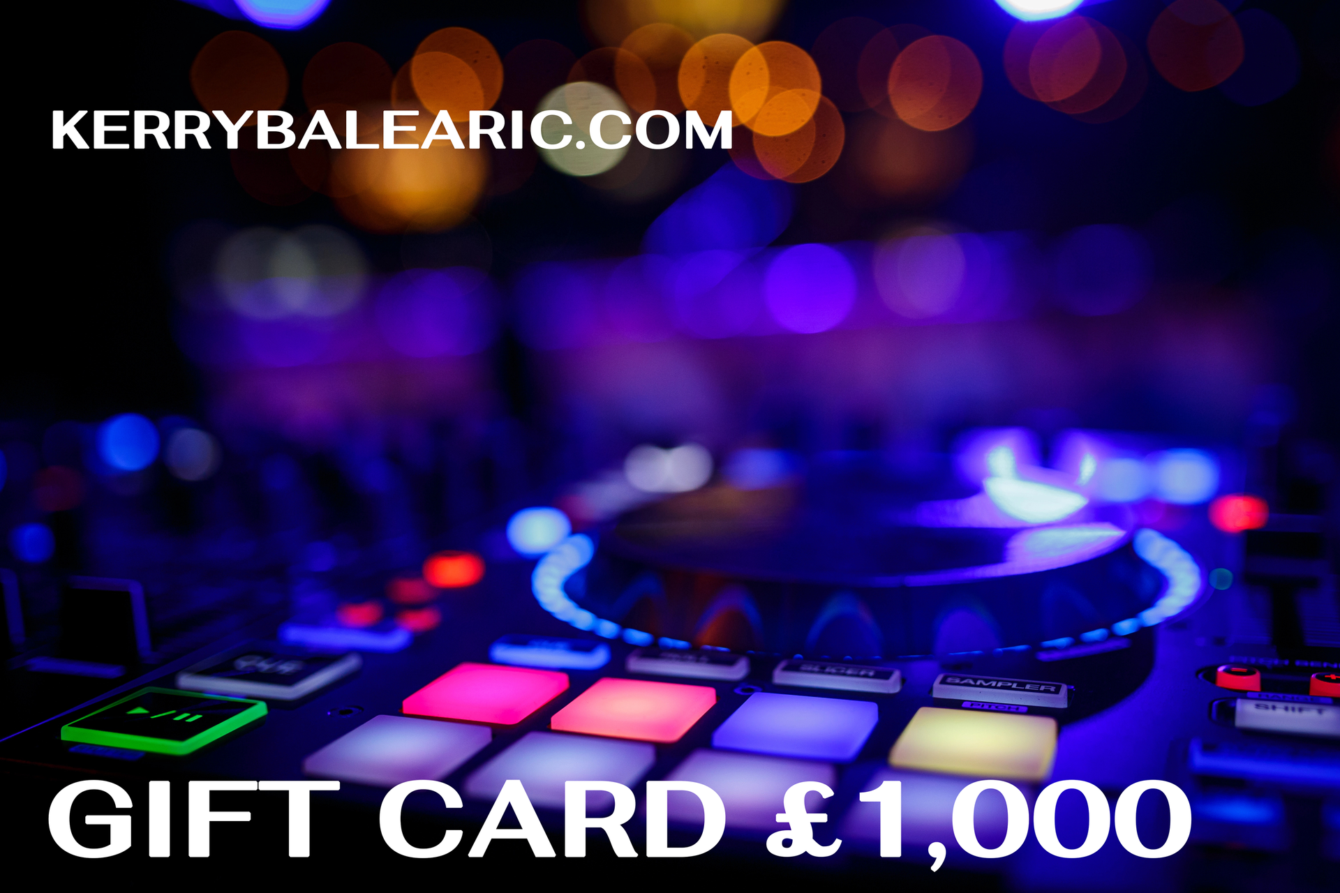 DJ turntable with neon lights and text promoting a £1,000 gift card from kerrybaeric.com