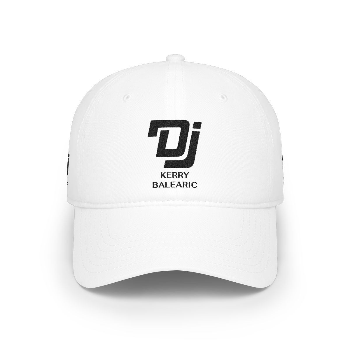 White cap with black “DJ” logo and “Kiss Balearic” text on the front