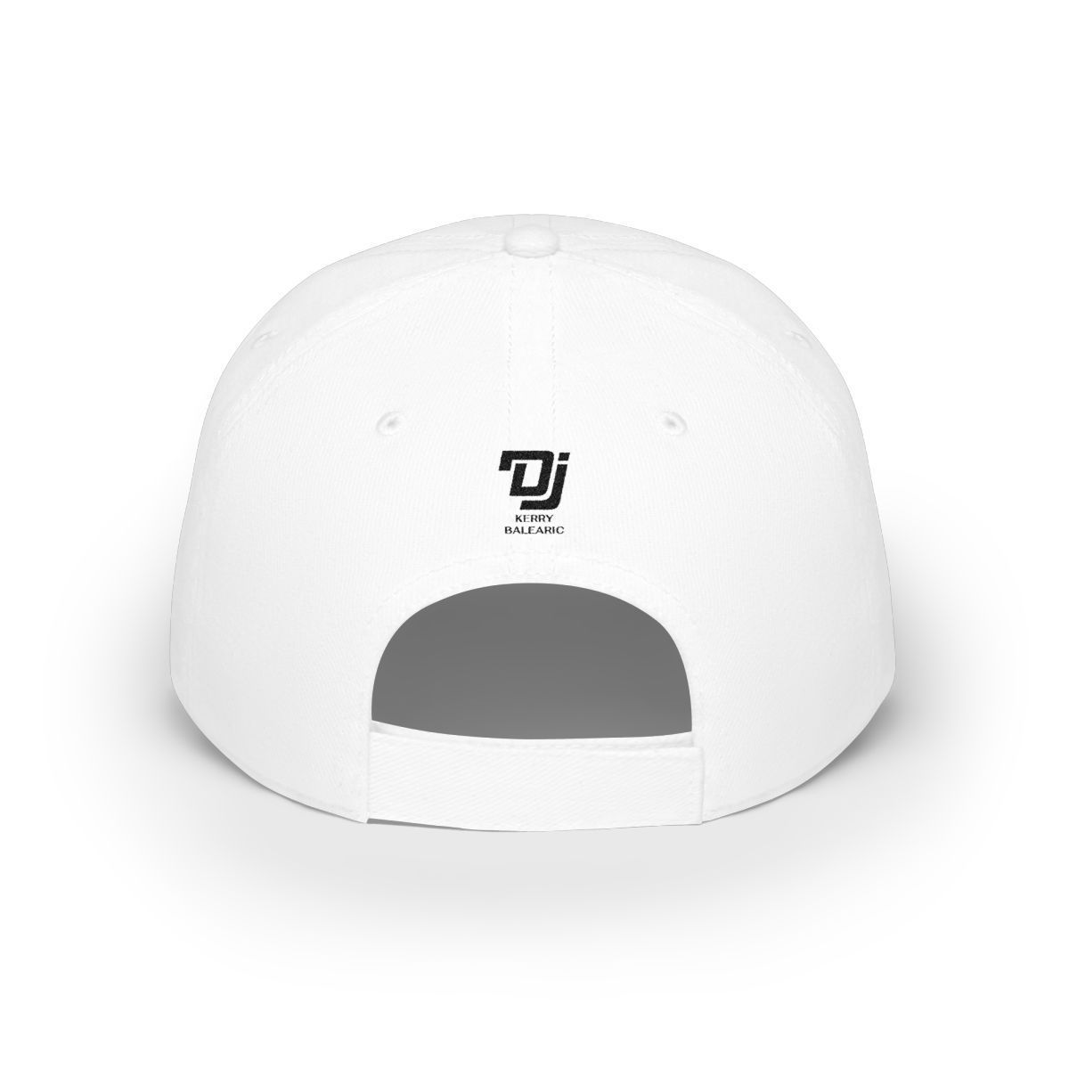 White baseball cap with black DJ logo and “Kerry Balearic” text on the front