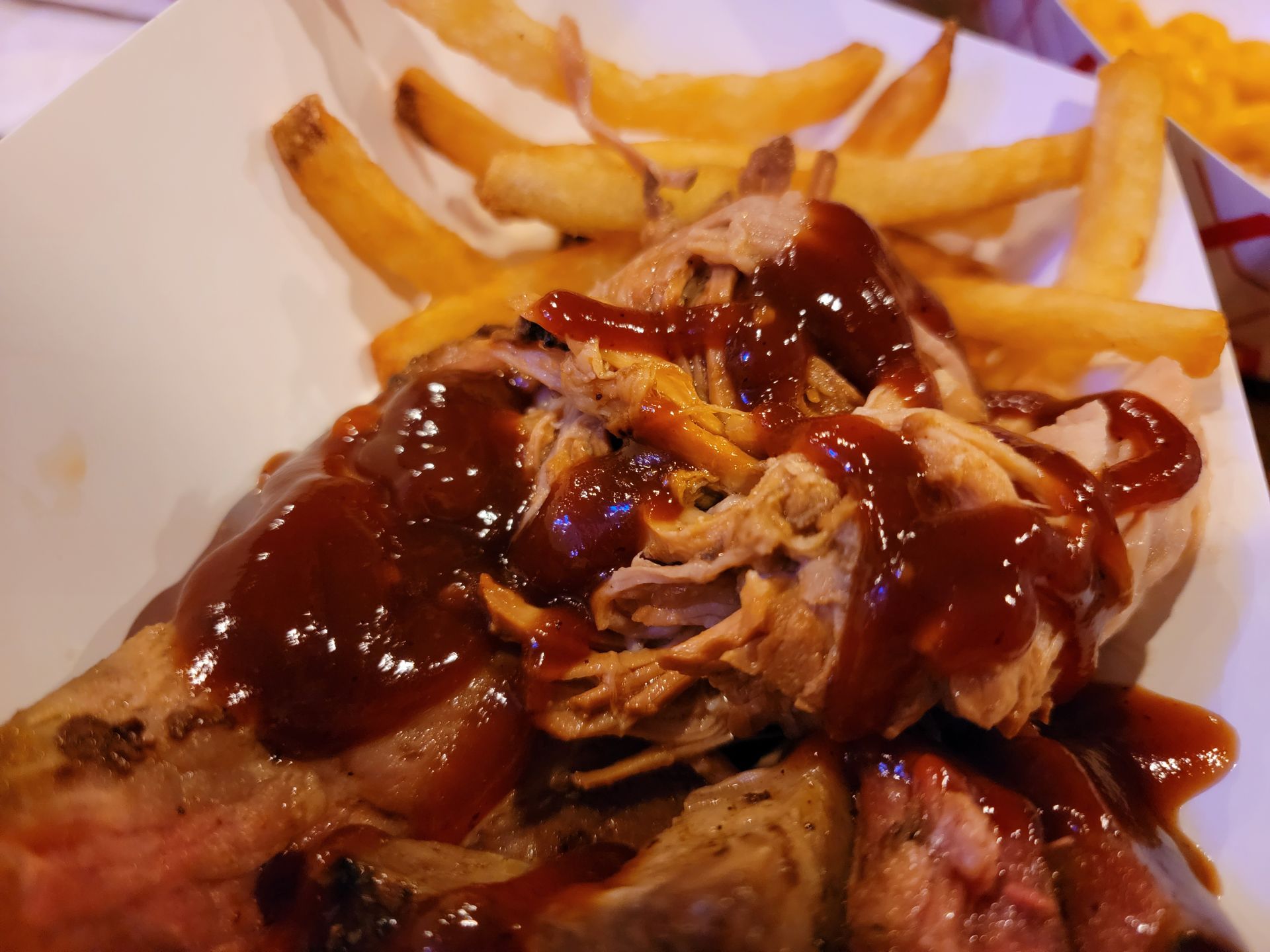 Pulled pork and french fries on a paper plate