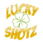 A logo for lucky shotz with a clover and horseshoe