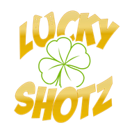 A logo for lucky shotz with a clover and horseshoe