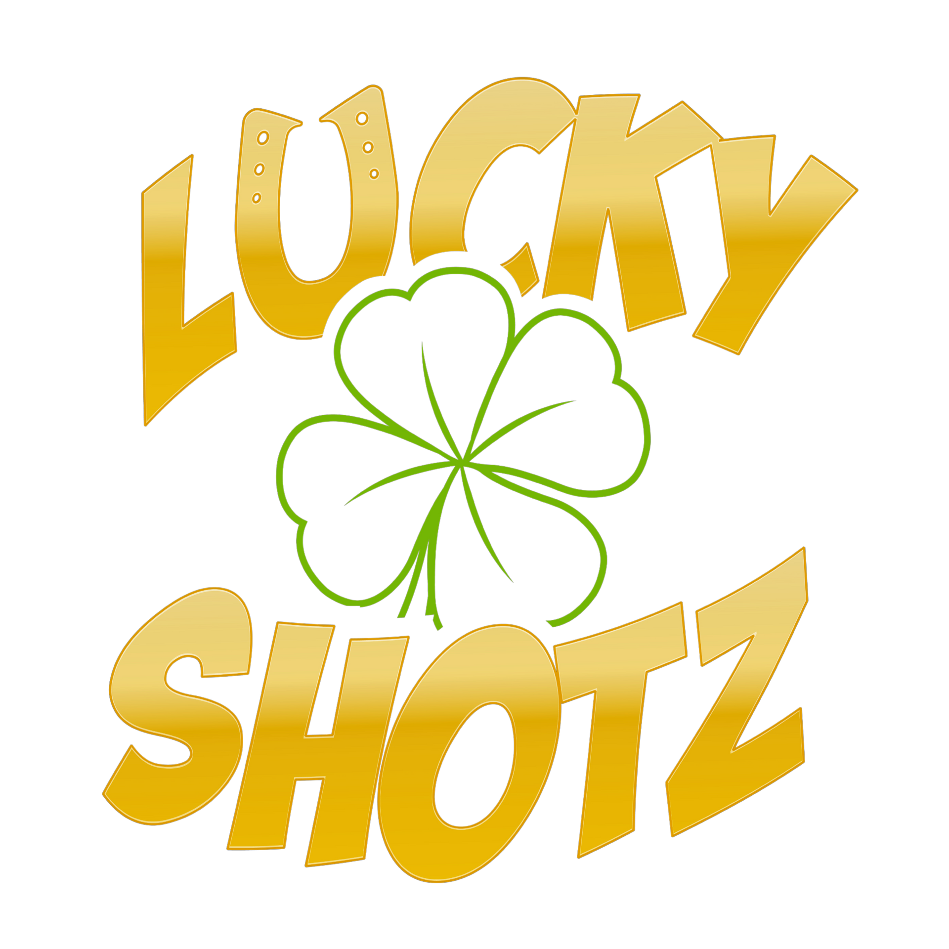 A logo for lucky shotz with a clover and horseshoe