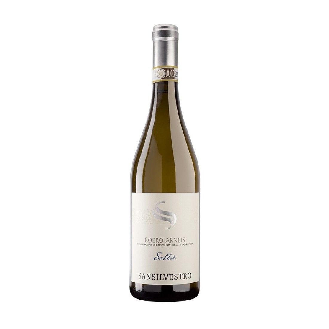 Bottiglia di vino bianco con tappo argentato ed etichetta bianca.