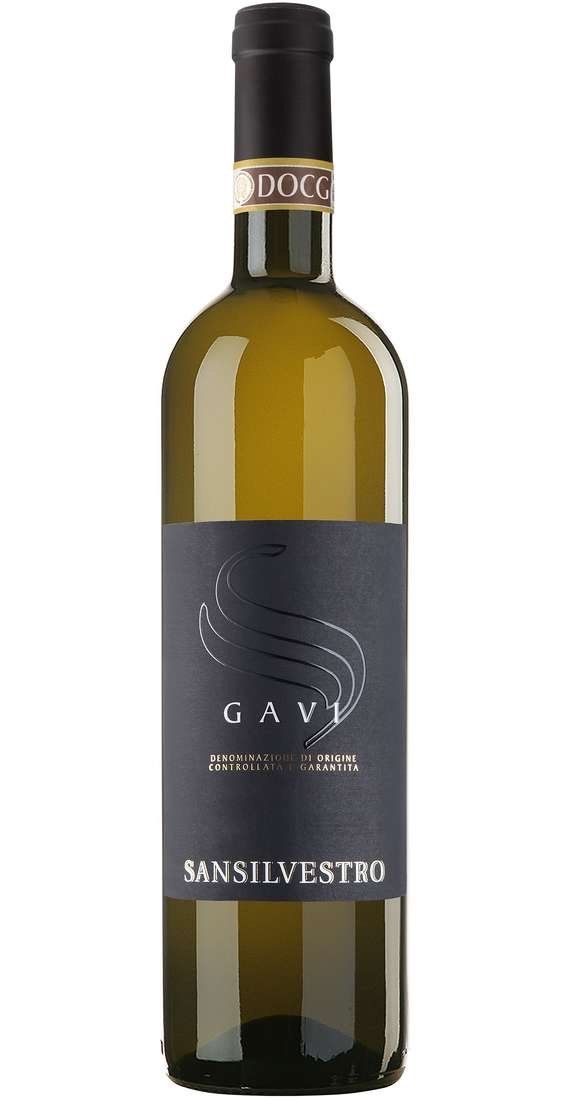 Bottiglia di vino Gavi, con etichetta scura e tappo nero.