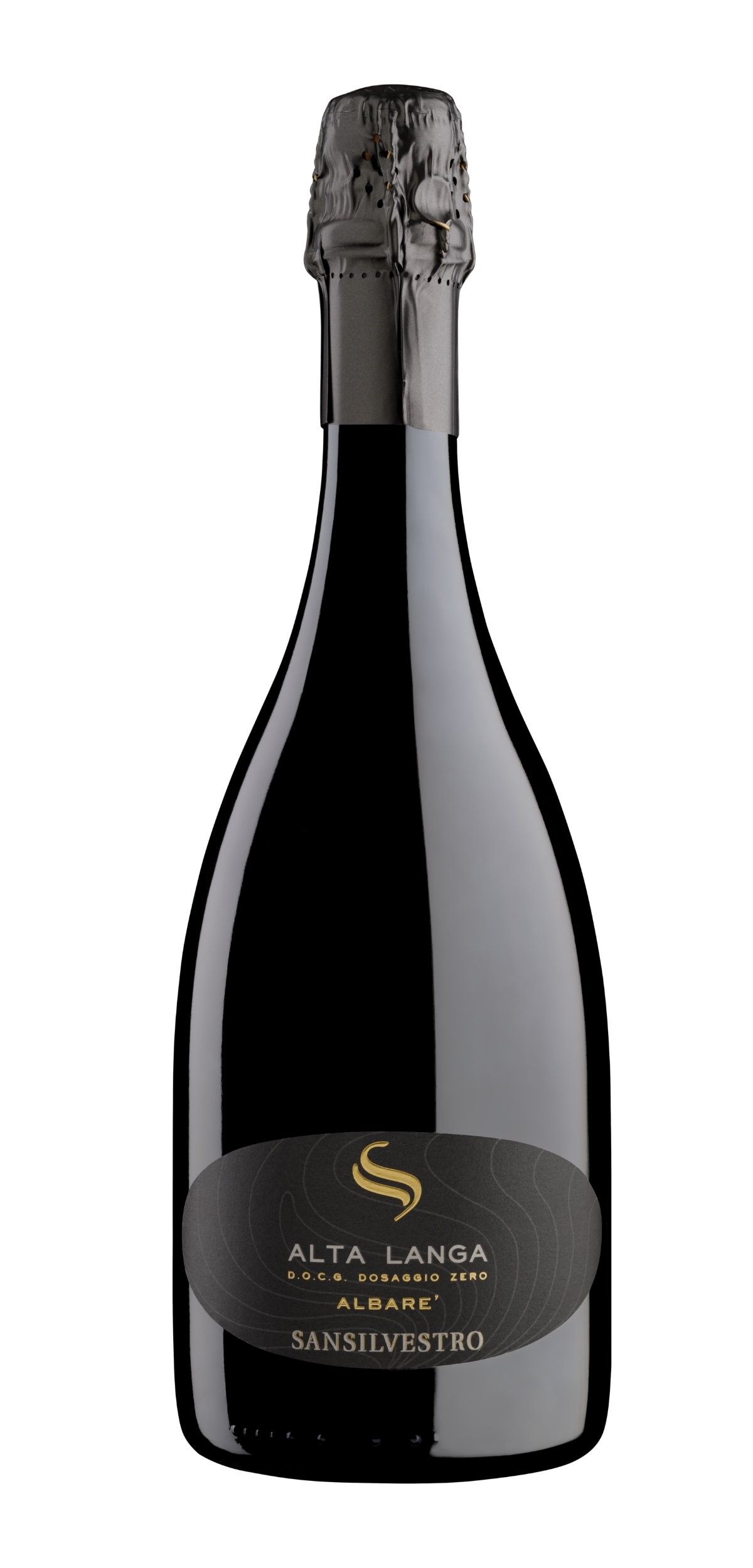 Bottiglia di vino scuro con etichetta nera e testo dorato.